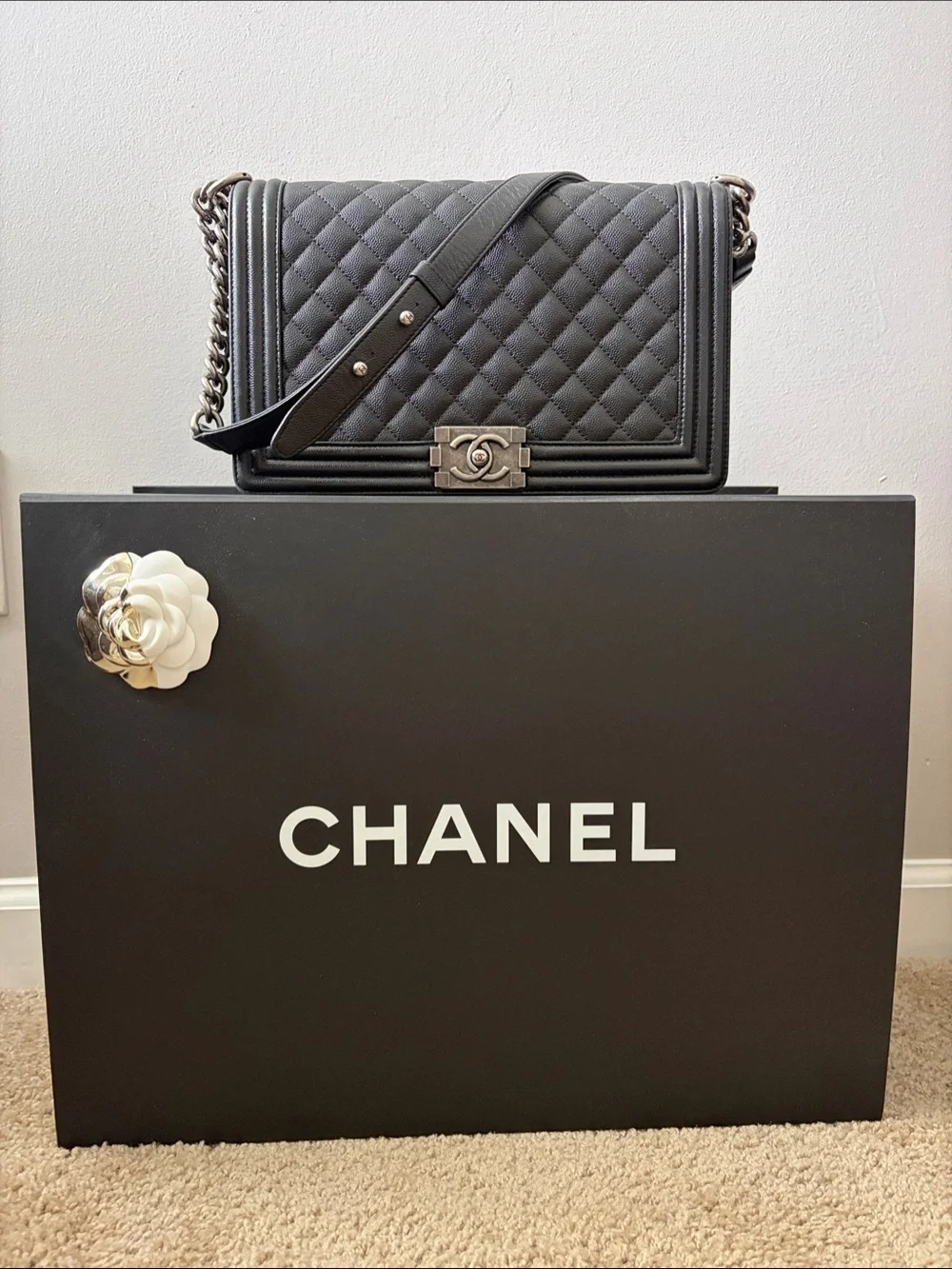 CHANEL Black Quilted Large Boy Messenger Bag with Ruthenium Hardware